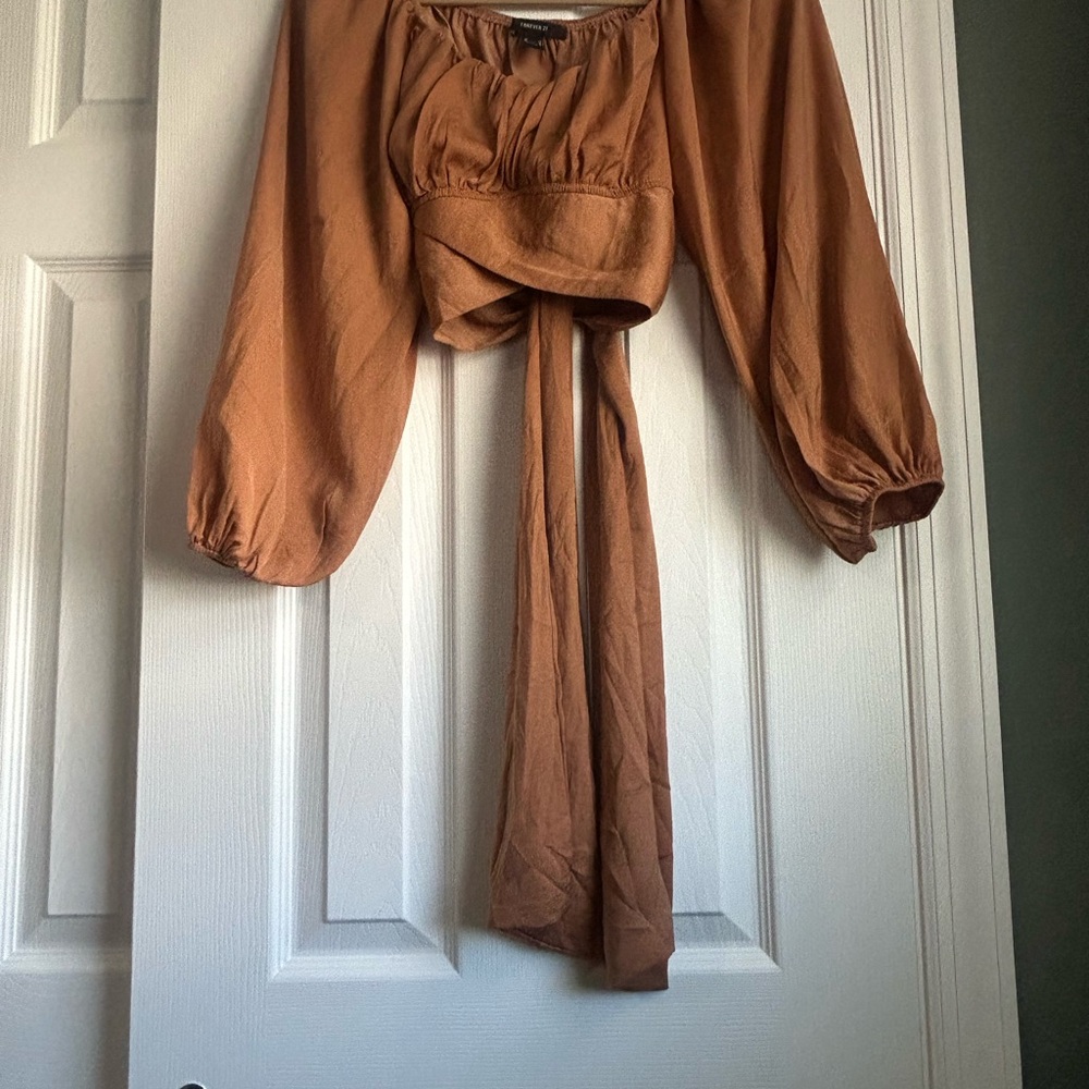 Tan Puff Sleeve Tie-Front Blouse